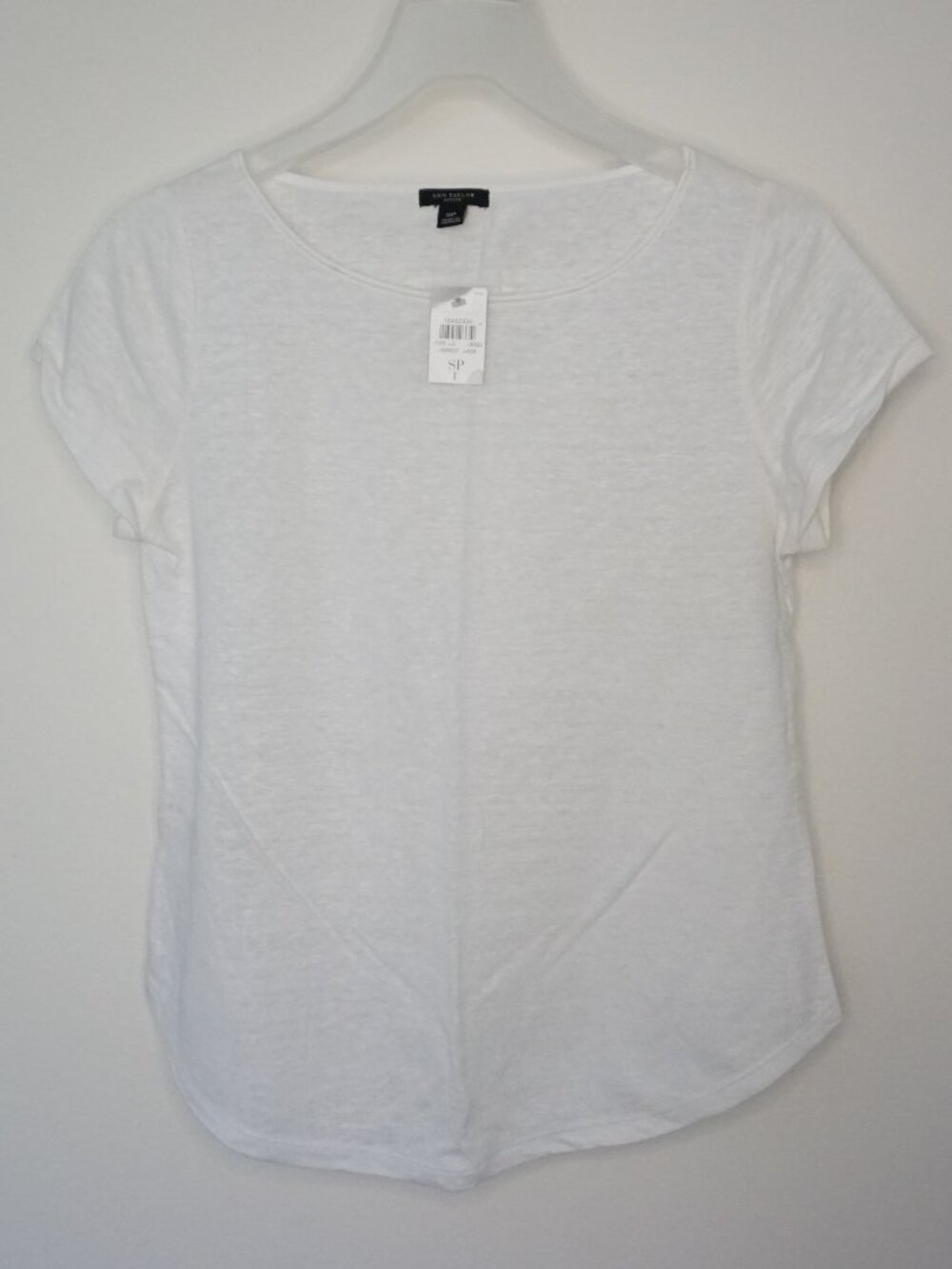 NWT Ann Taylor Petite 100% Linen Boatneck Tee White Rolled Sleeve SP